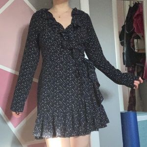 blue polka dot long sleeve ruffle wrap dress